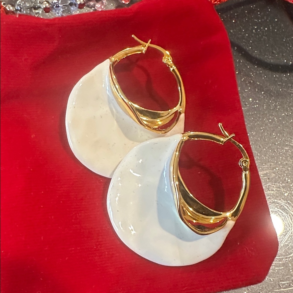 Gold and White Hoop Earrings